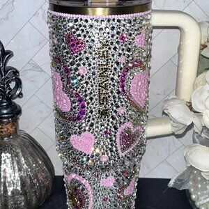 30 oz Stanley Rhinestone Tumbler – Pink Hearts Bling Cup